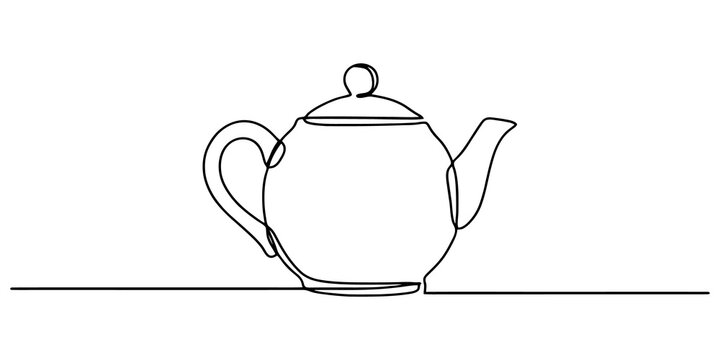 Minimalist continuous line art of tea pot for kitchen interior and beverage service graphic design resource project use.