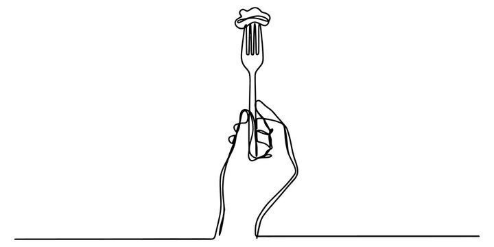 Continuous line art of hand holding fork with food black illustration for restaurant menu branding design graphic asset.