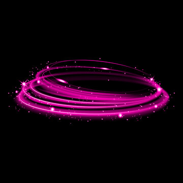 Abstract pink glowing circular light effect with particles isolated on a dark black background for design