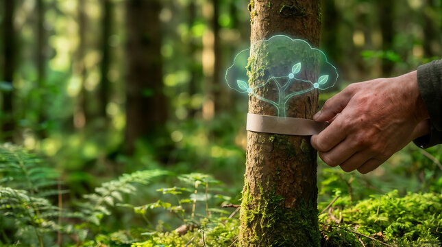 Digital forestry technology monitoring tree trunk health with glowing icon overlay, smart forest conservation concept, environmental sensor tracking in green woods