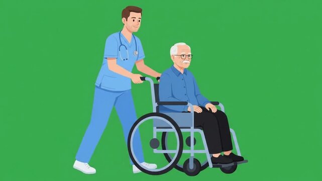 Male nurse pushing an elderly man in a wheelchair on green screen, flat vector style