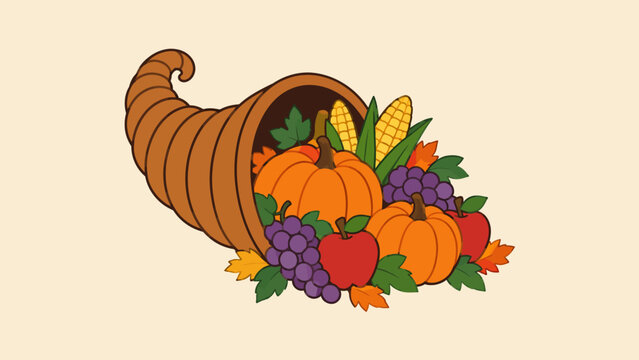 A traditional autumn cornucopia illustration filled with a bountiful harvest of pumpkins, red apples, purple grapes, and golden corn on a plain background