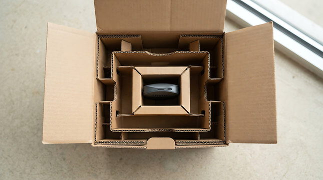 View of an open cardboard box with nested cardboard inserts containing a small gray electronic device, ready for shipping