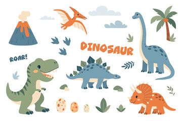 Dinosaur set with cute Tyrannosaurus, Stegosaurus, Triceratops, Sauropod and Pterosaur. Prehistoric cartoon vector illustration  © JanelipArt