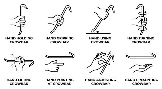 Hands holding and using crowbar for prying and leverage in industrial settings.