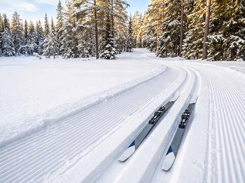 pair of cross country skis lying on a freshly groomed track in a snowy pine forest on a sunny winter day for outdoor activity