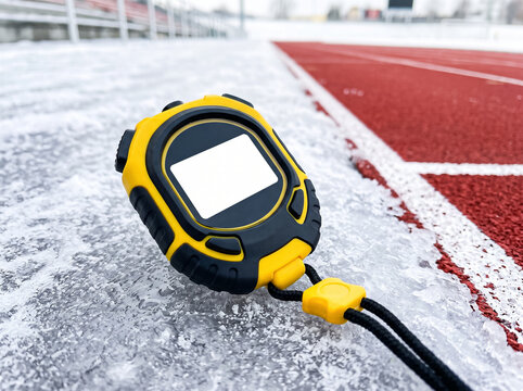 yellow digital stopwatch lying on the frosted edge of a stadium running track in winter for precise training time measurements