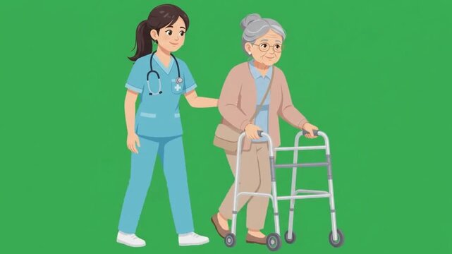 Nurse helping senior woman walk with a walker on green screen, flat vector style