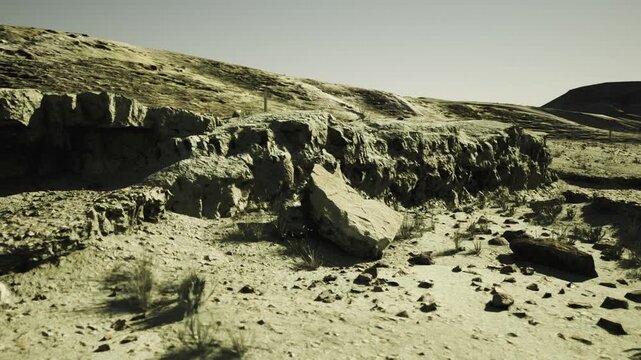 Exposed stratified cliffs showing layered sediment and rock formations, closeup textures of strata and fossil traces, scattered talus and core marks, scientific