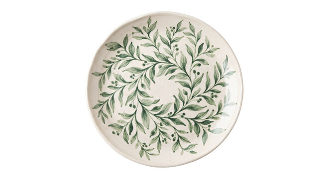 Round white ceramic plate with green botanical leaf wreath pattern