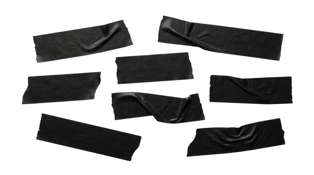 Multiple pieces of black adhesive tape with various textures and creases isolated on transparent background