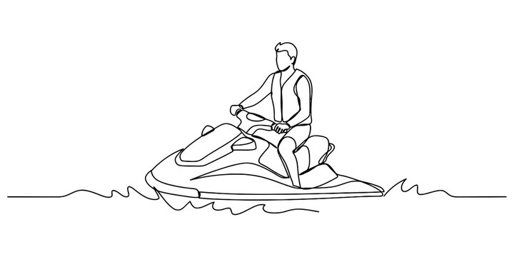 Continuous line drawing of man riding jet ski on water waves for summer adventure sports design elements background.