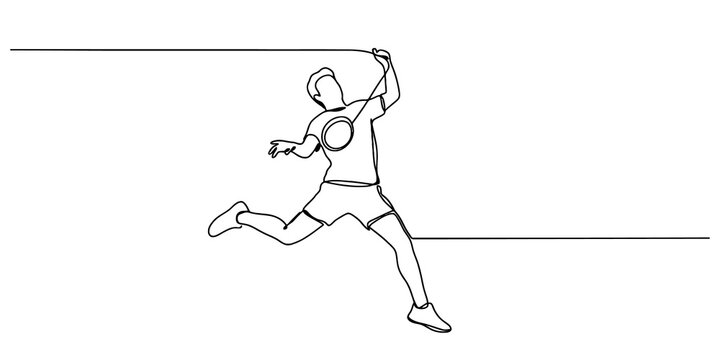 Continuous line drawing of energetic badminton player jumping for smash strike during competitive sports tournament.