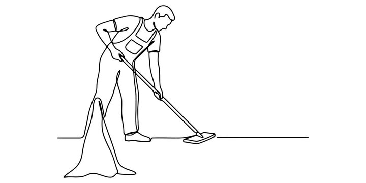 Janitor sweeping floor with mop in professional worker cleaning service single line illustration on background.
