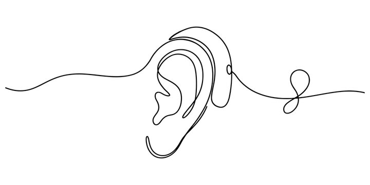 Hearing aid on human ear in continuous line drawing for audiology health care and accessibility awareness illustrations.