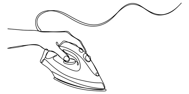 Hand holding electric iron in continuous line art style for domestic laundry service and household chore illustrations.
