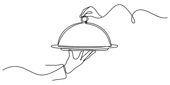 Hand holding silver cloche platter in one line art style for restaurant service luxury dining or catering concept design.