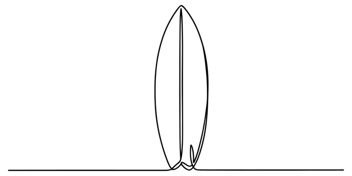 Surfboard continuous line art illustration representing summer beach activities surfing hobby and coastal lifestyle theme.
