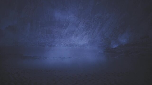 Tranquil coastal scene. Calm shoreline featuring faint reflections and blue hues. Serene seaside environment with subtle light effects and gentle fog