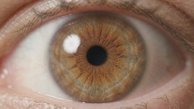 Macro close up of a brown human eye pupil constricting in response to light exposure showing intricate iris texture and pupillary reflex