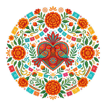 Mexican Folk Art Circular Pattern with Sacred Heart, Love Birds, Marigold Flowers, and Papel Picado Vector Illustration