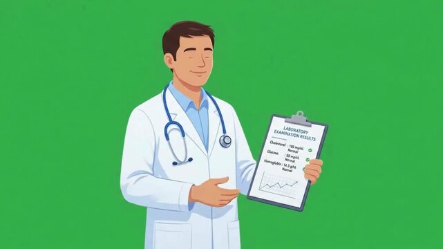 Male cartoon doctor holding a clipboard on green screen background, Flat vector style