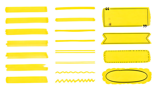 Marker highlight text line set. Hand drawn marker highlight text line yellow stroke brush pen underline. Paper banner frame watercolor sharpie memo background.