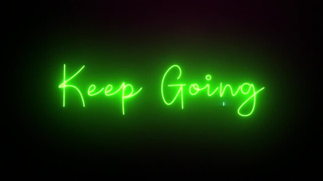 Keep going One line continuous art typography intro outro animation, calligraphy drawing monoline vintage text on background, animated lettering video, motivation phrases green neon glow backdrop