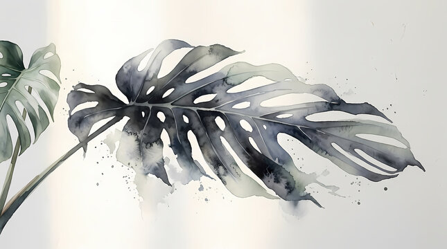 Watercolor Monstera Deliciosa Leaf Art with Dark Ink Washes and Green Tones on White Background