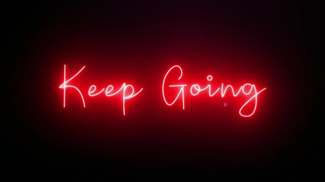 Keep going One line continuous art typography intro outro animation, calligraphy drawing monoline vintage text on background, animated lettering video, motivation phrases red neon glow backdrop