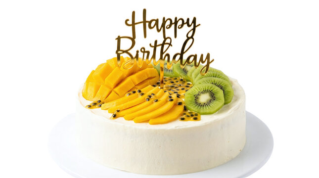 Gourmet birthday cake topped with fresh mango slices kiwi and passion fruit with gold topper