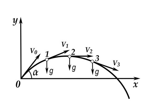 Physics diagram showing the projectile motion of a body launched at an angle to the horizontal, with its trajectory, velocity components, and acceleration.
