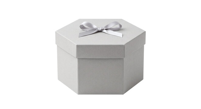 Elegant hexagonal light grey gift box tied with a thin silver ribbon bow