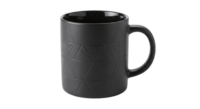Matte black ceramic coffee mug with geometric triangle pattern and comfortable handle