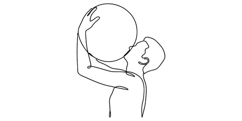 Continuous line drawing of basketball player shooting ball with high angle view aiming for hoop in game matches. © Radha