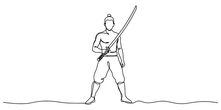 Continuous line art of warrior holding katana sword black ink drawing on transparent background martial arts action hero.