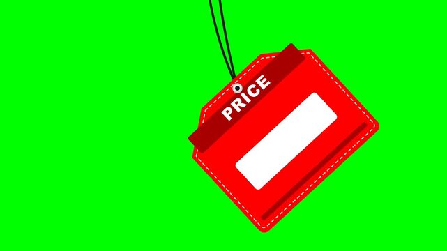 Bold red hanging price tag with stitched edges, silver eyelet, black double cord and white price panel swinging like a pendulum with diagonal light sweep highlights on an isolated green screen backgro