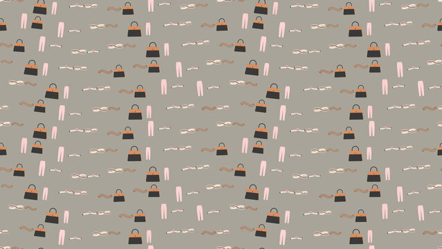 Seamless pattern of handbags, trousers, and bras