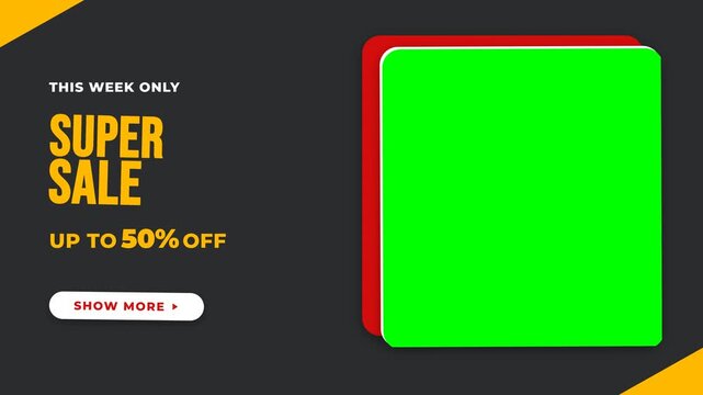 Modern split-screen super sale promotion template featuring bold yellow typography, dark gray background, red offset product frame, green screen photo area, geometric yellow corner accents and a white