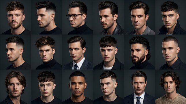 luxury beauty editorial grid showcasing different stylish men's haircuts, including textured crop, modern fade, slick back, pompadour, low taper, messy quiff, classic side part, french crop