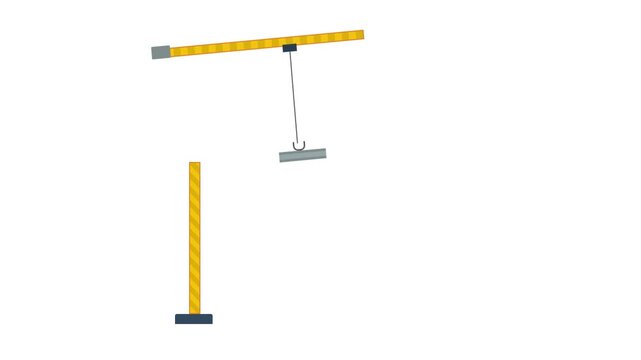 Minimalist 2D Flat Animation of a Yellow Construction Tower Crane with Hook Isolated on White Background for Industrial and Building Projects