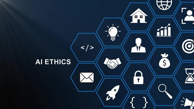 Ai ethics and artificial intelligence governance concept with digital hexagonal network featuring business, technology, security, and data privacy symbols for corporate compliance and innovation