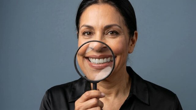 Woman examining her smile with a magnifying glass, close-up on face