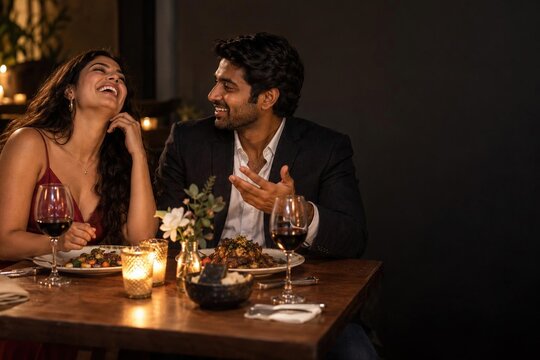 Laughing indian couple having candlelight dinner with red wine at elegant restaurant on romantic date night