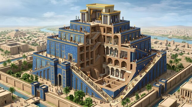 Grand blue and gold Mesopotamian ziggurat in ancient city.