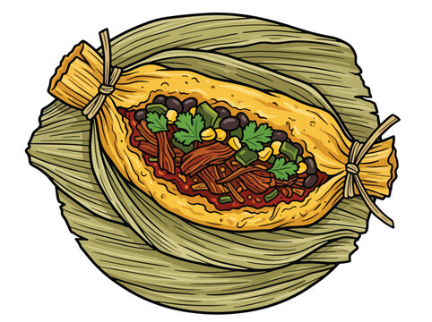 Traditional Mexican tamale with shredded meat beans and corn on husk wrap