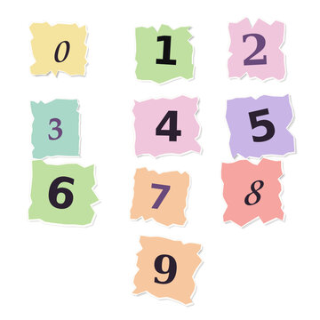 Set of colorful torn paper scraps with numbers zero to nine for creative design projects