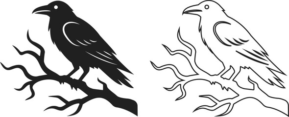 Fototapeta premium Crow raven bird branch halloween silhouette icon set collection in black flat and line style editable spooky gothic elements group isolated on transparent background vector symbol