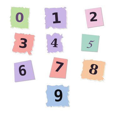 Set of numbers zero through nine on colorful torn paper scraps isolated on white