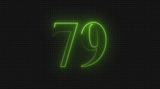 Glowing neon number seventy nine on dark grid background